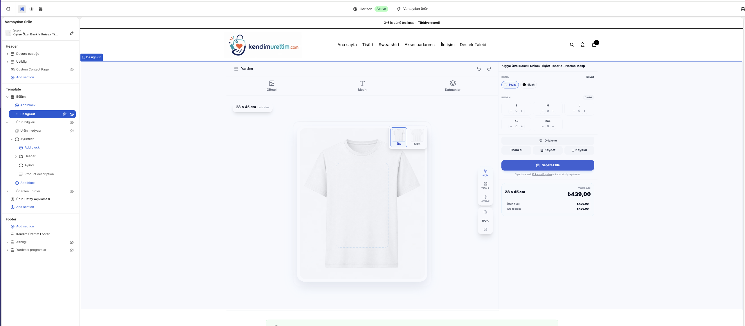 Theme editor with the DesignKit block on the product page and the live designer