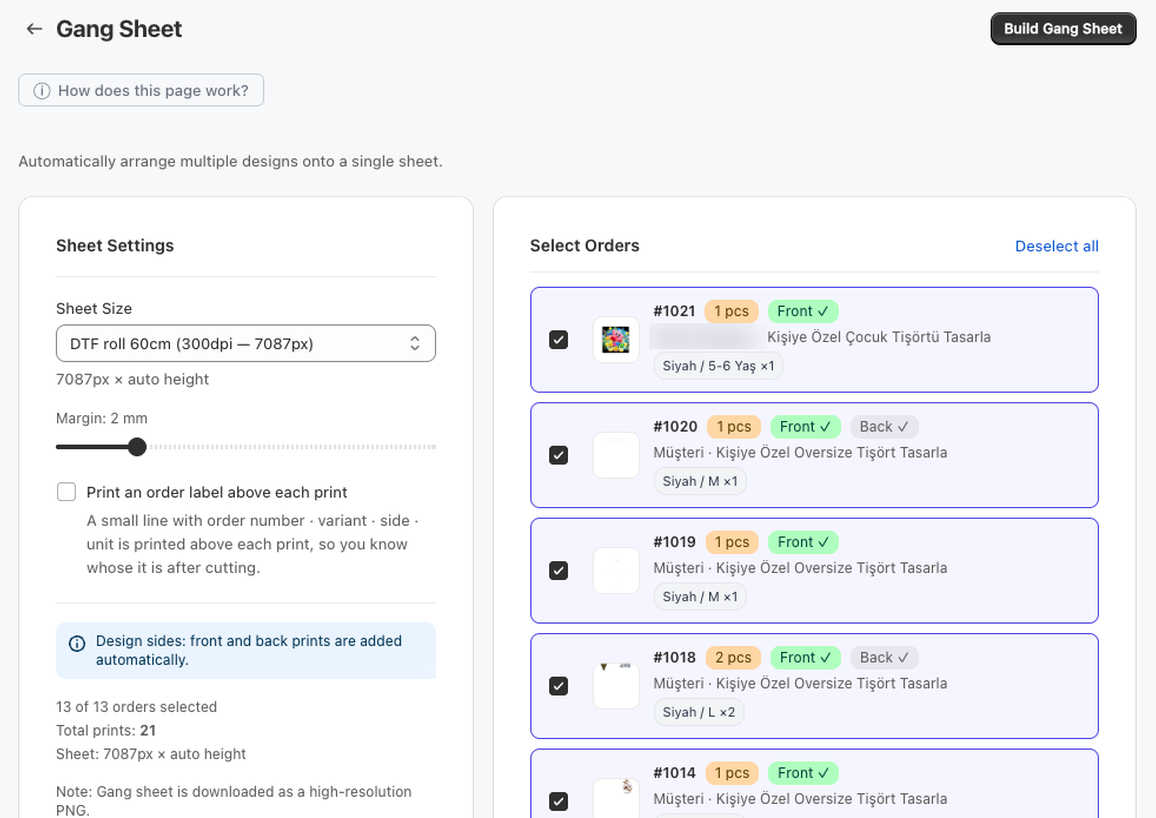 PrintLab gang sheet screen with sheet settings and selected orders