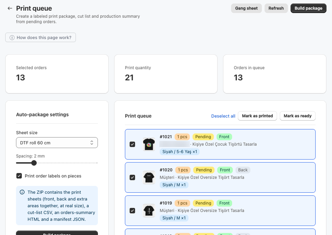 PrintLab print queue with selected orders and package settings